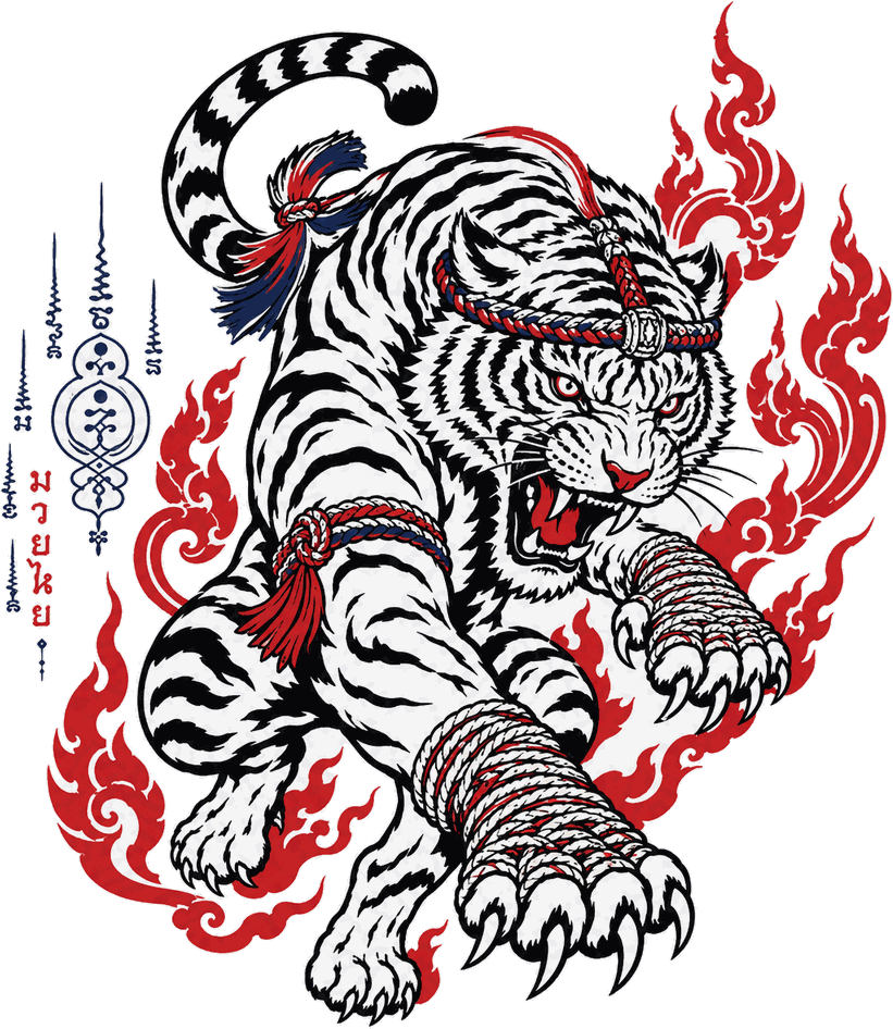 Tiger im Sak-Yant-Stil mit Mongkhon und Pra Jiad, umgeben von Kranok-Flammen.